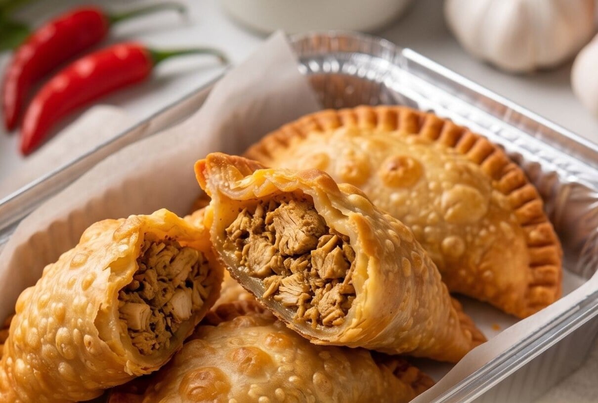 Jerk chicken empanadas broken open in a foil tray, next to red chili peppers