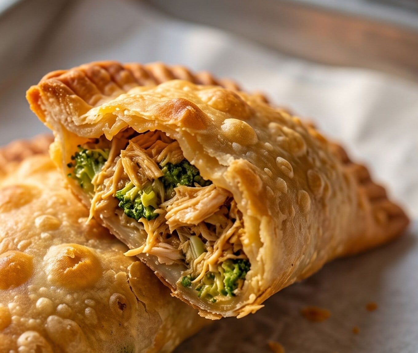 Chicken and broccoli empanada broken open to show shredded chicken and broccoli
