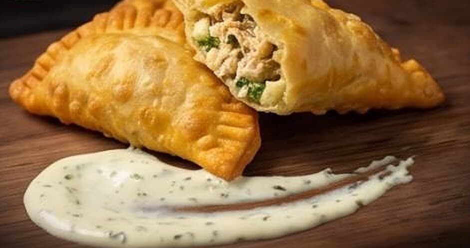Chicken empanada cut open beside a swoosh of creamy herb dip