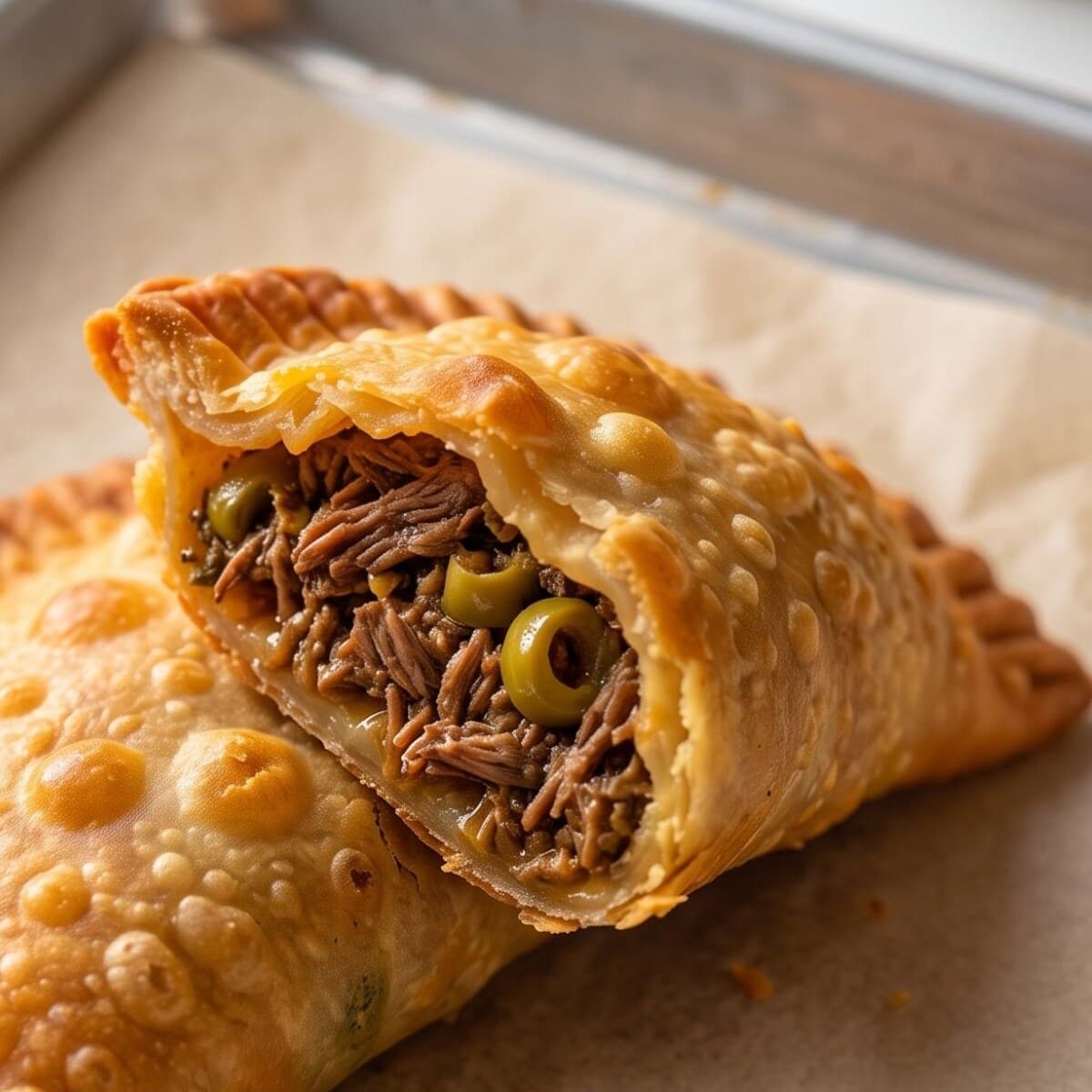 Beef empanada broken open to show the filling
