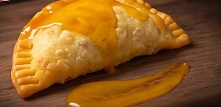 Mango habanero empanada glazed with golden sauce, with a swipe of mango chutney